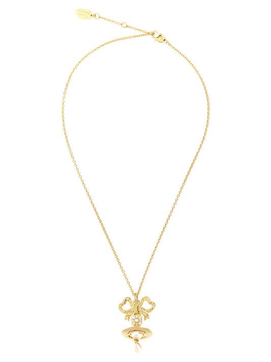 Necklace by Vivienne Westwood for women in calfskin leather gold & pearl features an lustrous silhouette, showcasing the lustrous [Neckline design] and Orb Women's Brass Gold Mesh & Pearls Necklace for a sophisticated, premium look.