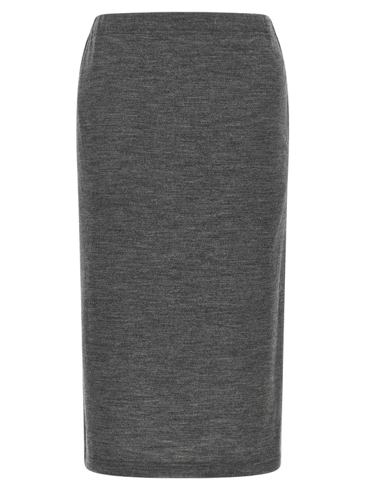 Skirt by Junya Watanabe for women in wool gray showcases a sultry silhouette, elegantly defined by its midi knee and the sophisticated sultry design of the Women's Wool Midi Knee Skirt.