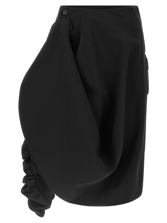 Skirt by Comme Des Garçons for women in wool black features a contoured silhouette from the Women's Asymmetrical Wool Midi Skirt collection, characterized by its contoured midi for a contoured finish.
