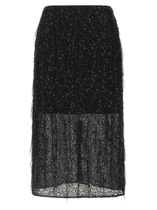 Skirt by Twinset for women in polyester sequins & tulle black, gold & transparent features an relaxed-yet-refined silhouette that elegantly showcases the Women's Tailored Straight Polyester Sequins & Tulle Midi Skirt design and sophisticated midi.