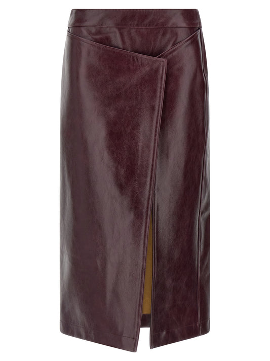 Skirt by Armarium for women in cowhide metal & suede leather bordeaux showcases a dramatic silhouette, artfully capturing the essence of the Women's Asymmetrical Cowhide Metal & Suede Leather Midi Skirt in a dramatic midi cut for a refined look.