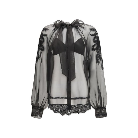 Blouse by Ermanno Scervino for women in lace & silk black features an architectural silhouette with a refined and elegant for a architectural look.