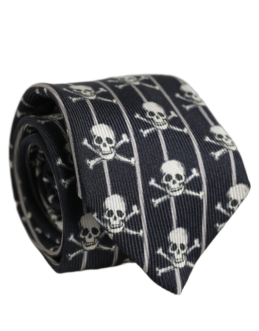 Necktie by Dolce & Gabbana for men in silk black, white, patterned & striped features a sun-drenched silhouette, showcasing the sun-drenched design of this Fantasy Skull Silk Necktie with a sun-drenched finish.