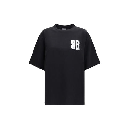 T-Shirt by Balenciaga for women in cotton black, signature & print showcases a fashionable silhouette, elegantly detailed with a fashionable short-sleeve and crew neckline for a sophisticated, high-fashion look.