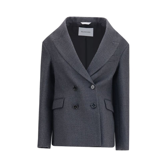 This Blazer by Balenciaga for women in merino wool gray, patterned & houndstooth presents a tailored silhouette, meticulously tailored with a tailored v-neck neckline and distinctive for a tailored finish.