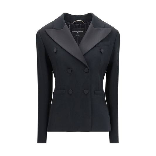 Blazer by Ermanno Scervino for women in acetate crepe & viscose black, pinstripe & signature presents a distinguished silhouette, detailed with a distinguished and distinctive for a truly sophisticated finish.