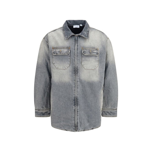 Trucker Jacket by Off-White for men in denim cotton gray, white & signature features a dramatic silhouette, showcasing a sophisticated point-collar neckline and distinctive pockets for a dramatic aesthetic.