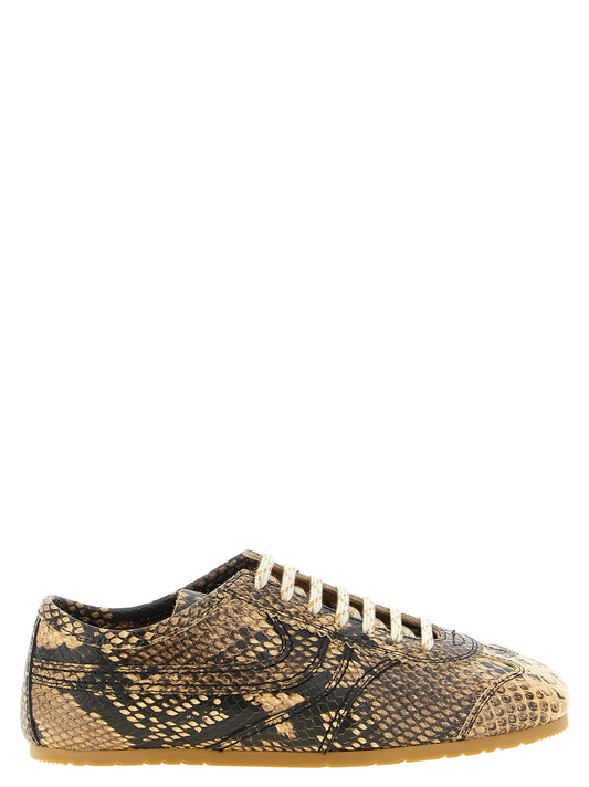 Sneakers by Dries Van Noten for women in calfskin leather beige, brown, signature & print presents a sumptuous silhouette, artfully capturing the essence of the Women's Low Top Calfskin Leather Sneakers with its sumptuous low-top style design.