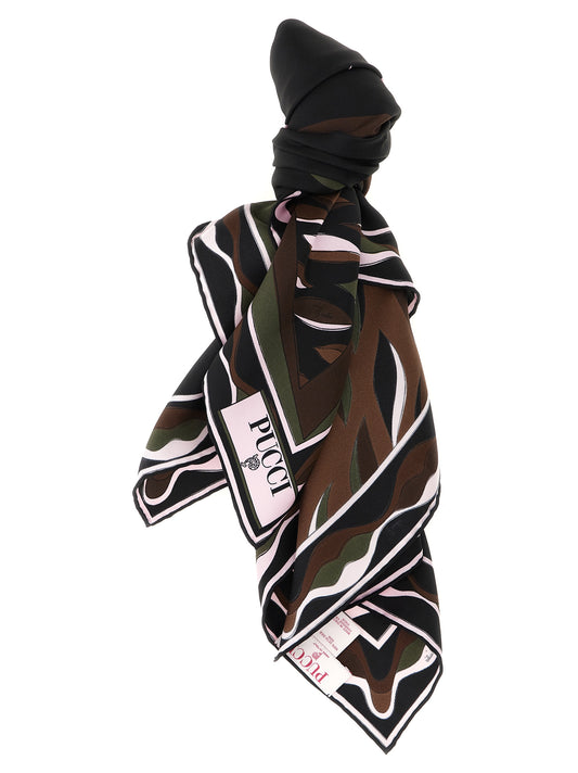 Scarf by Emilio Pucci for women in silk twill black, brown, green, multicolor, olive, pink & print features a snug silhouette, perfectly showcasing the elegant drape and premium finish of the Silk Twill Square Scarf.