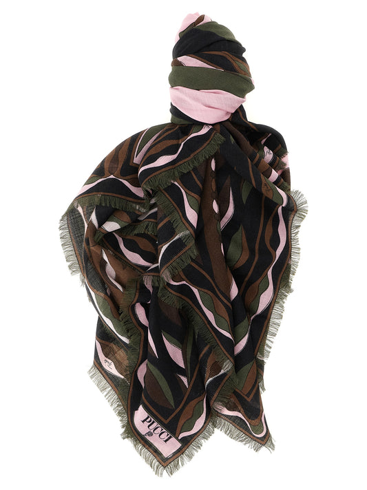 Scarf by Emilio Pucci for women in wool & silk black, brown, green, multicolor, olive, pink & print presents a cosy silhouette, artfully capturing the sophisticated design and premium aesthetic of the Wool & Silk Pashmina Wrap Frayed-Edge Scarf.