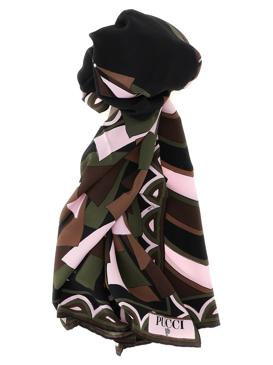 Scarf by Emilio Pucci for women in silk black, brown, green, multicolor, olive, pink, signature & print features a timeless silhouette, artfully capturing the essence of the timeless Silk Stole Scarf design for a sophisticated look.