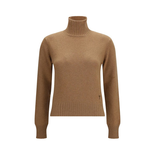 Sweater by Ami Paris for women in cashmere wool brown showcases a discreet silhouette, finished with a discreet turtle neckline and for a discreet look.