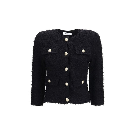 Windbreaker Jacket by Balmain for women in viscose polyester polyamide & tweed black features an perennial silhouette with a refined round neckline and perennial pockets & windproof for a sophisticated weather-resistant look.