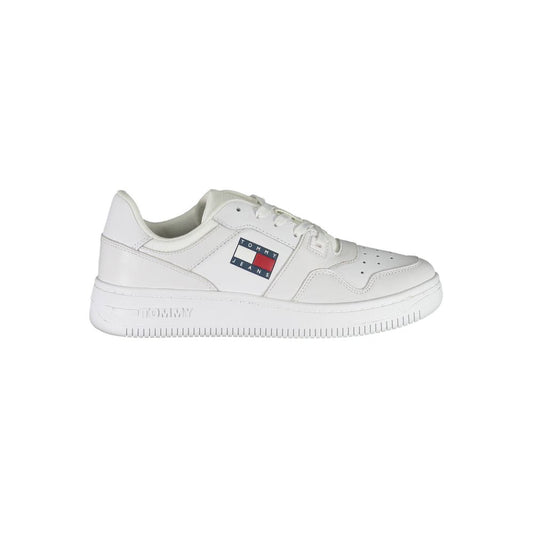 Athletic Sneakers by Tommy Hilfiger for women in polyester polyurethane leather white & signature features an timeless silhouette from the Women's Athletic Polyester Polyurethane Leather Sneakers collection, showcasing a timeless athletic style for a timeless look.