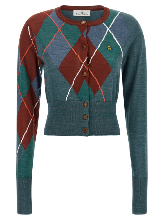 Cardigan by Vivienne Westwood for women in wool cotton multicolor, argyle & jacquard presents a textural silhouette, artfully finished with a textural round neckline and for a sophisticated, textural look.