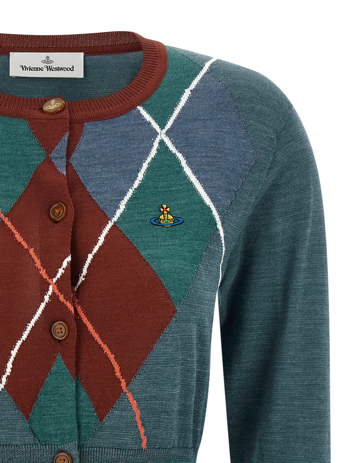 Cardigan by Vivienne Westwood for women in wool cotton multicolor, argyle & jacquard features an crisp silhouette, showcasing a sophisticated round neckline and detail for a truly crisp finish.