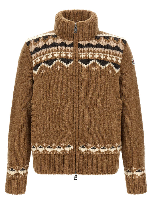 Cardigan by Moncler for men in felt metal & virgin wool brown, patterned & jacquard showcases a captivating silhouette, artfully detailed with a captivating and high-neck neckline for a truly sophisticated captivating look.