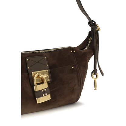 Micro Shoulder Bag by Chloé for women in bos taurus suede calf leather brown, gold & signature features a effortless sophistication silhouette, secured by a zipper & buckle with ample external-pockets and versatile shoulder-strap & adjustable-strap for a effortless sophistication finish.