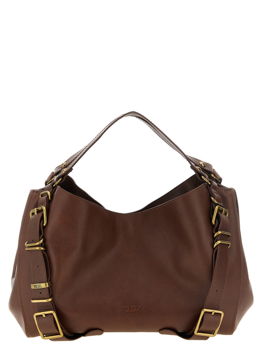 Shoulder Baguette Handbag by Diesel for women in cowhide brown, natural & transparent features an refined silhouette, showcasing a secure zipper, magnetic & buckle, ample , and versatile shoulder-strap, handle, adjustable-strap & detachable-strap for a sophisticated refined aesthetic.