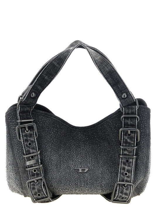 Small Messenger Handbag by Diesel for women in denim cotton black features a signature silhouette, showcasing a secure magnetic, buckle & button and signature with versatile shoulder-strap, handle, adjustable-strap, detachable-strap & belt-strap for a sophisticated look.