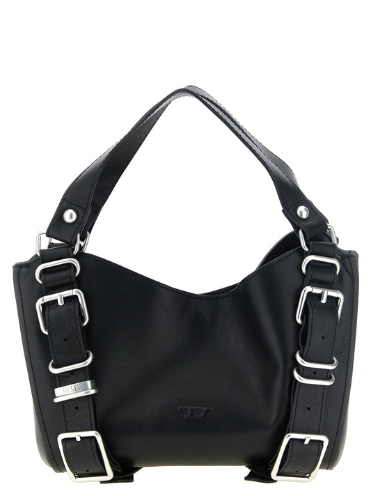 Small Handbag by Diesel for women in cowhide black & silver features a refined silhouette, showcasing a secure zipper & buckle, organized internal-pockets, and versatile shoulder-strap, handle & adjustable-strap for a refined finish.