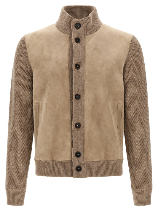 Cardigan by ZEGNA for men in cashmere suede & calf leather beige features a nuanced silhouette with a refined high-neck neckline and nuanced detailing for a sophisticated look.