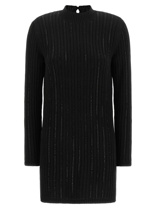Dress by Twinset for women in cashmere cotton viscose & wool black presents a sinuous silhouette, showcasing a sophisticated mock square neckline and long-sleeve detailed with a sinuous short mini for a refined finish.
