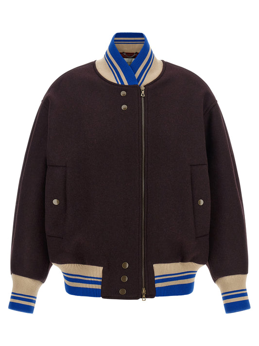 Bomber Jacket by Dries Van Noten for women in wool beige, blue, purple, patterned & striped features a dramatic silhouette, showcasing a sophisticated and distinctive pockets for a dramatic aesthetic.