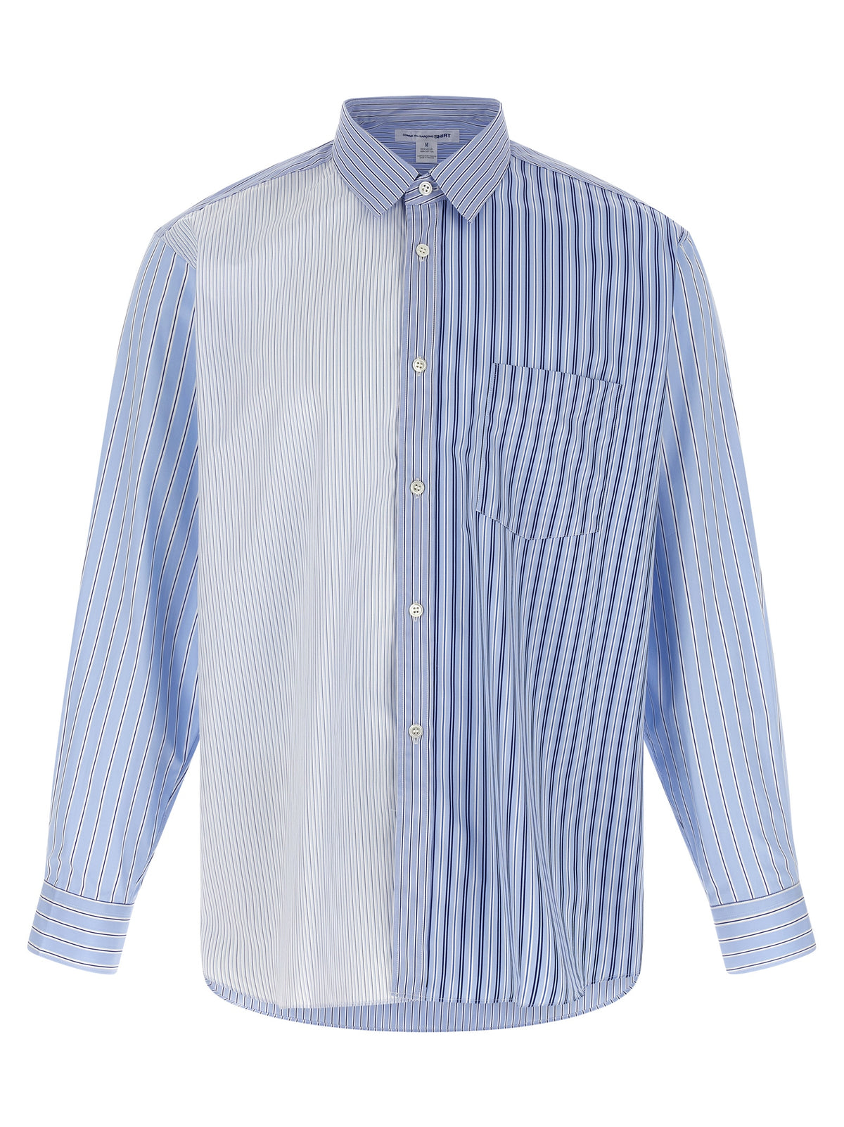 Shirt by Comme Des Garçons for men in cotton blue, patterned, patchwork & striped showcases a sharp silhouette, elegantly detailed with a sharp and sharp .