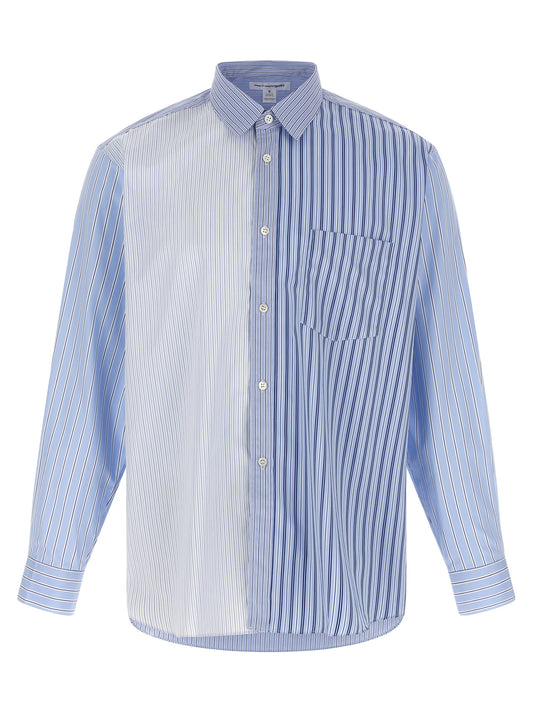 Shirt by Comme Des Garçons for men in cotton blue, patterned, patchwork & striped showcases a sharp silhouette, elegantly detailed with a sharp and sharp .