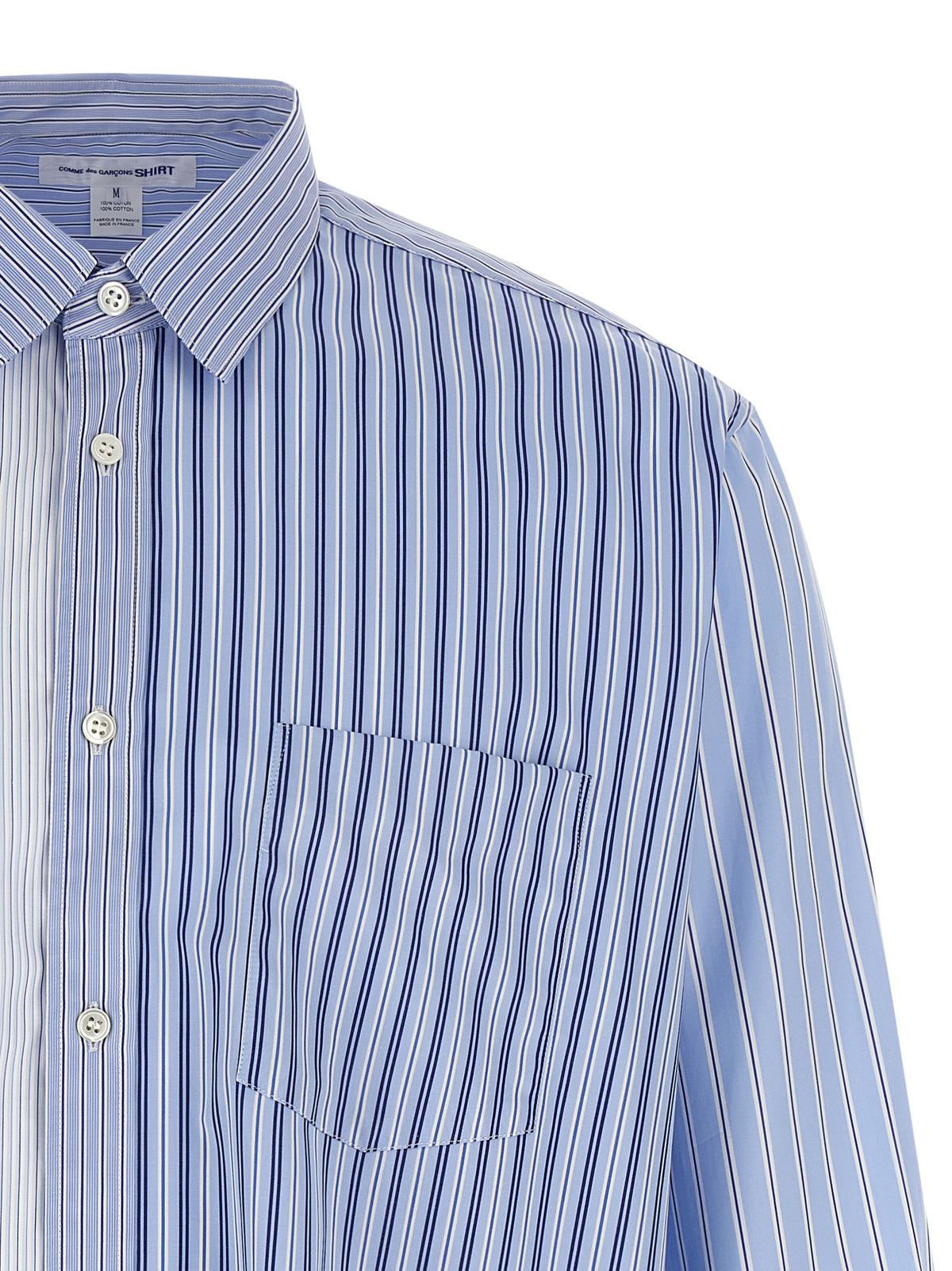 Shirt by Comme Des Garçons for men in cotton blue, patterned, patchwork & striped, featuring a nuanced and nuanced for a sophisticated finish.
