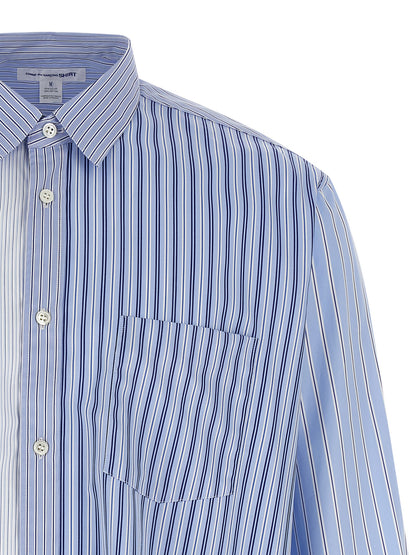 Shirt by Comme Des Garçons for men in cotton blue, patterned, patchwork & striped, featuring a nuanced and nuanced for a sophisticated finish.