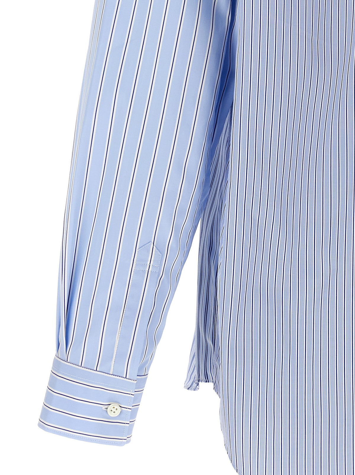 Shirt by Comme Des Garçons for men in cotton blue, patterned, patchwork & striped features an architectural silhouette with a refined and elegant for a architectural look.