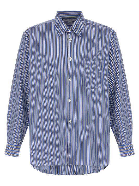 Shirt by Comme Des Garçons for men in cotton black, blue, white, patterned & striped showcases a sharp silhouette, elegantly detailed with a sharp and sharp .