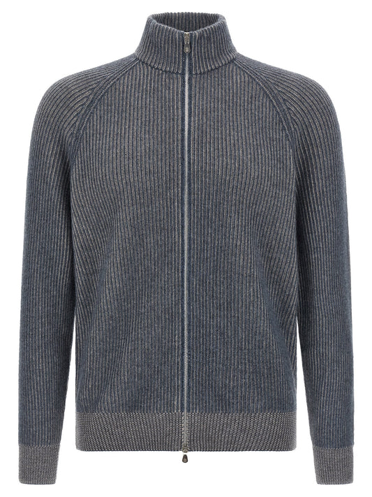 Cardigan by Brunello Cucinelli for men in cashmere blue & gray presents a textural silhouette, artfully finished with a textural high-neck neckline and for a sophisticated, textural look.