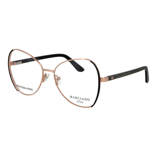 Eyeglasses Frames by Marciano by Guess for women in rose-gold showcases a reflective silhouette, artfully incorporating a sophisticated rose-gold coloured frame with a distinct full-frame frame design.