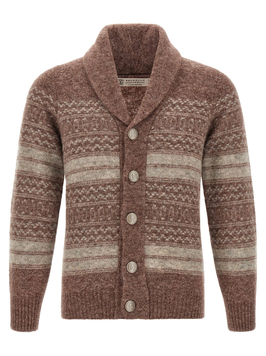 Cardigan by Brunello Cucinelli for men in cashmere leather & alpaca wool brown & jacquard presents a textural silhouette, artfully finished with a textural shawl-collar neckline and for a sophisticated, textural look.