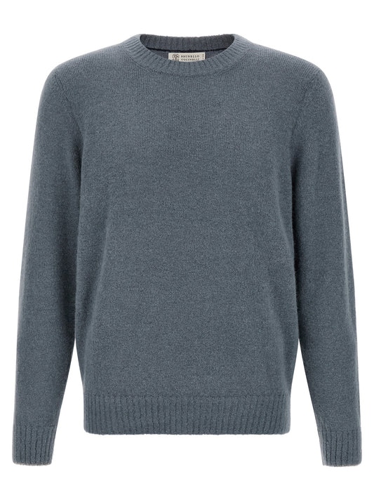 Cardigan by Brunello Cucinelli for men in cashmere leather & alpaca wool blue features an impeccable silhouette, showcasing a sophisticated crew neckline and long-sleeve detail for a truly impeccable finish.