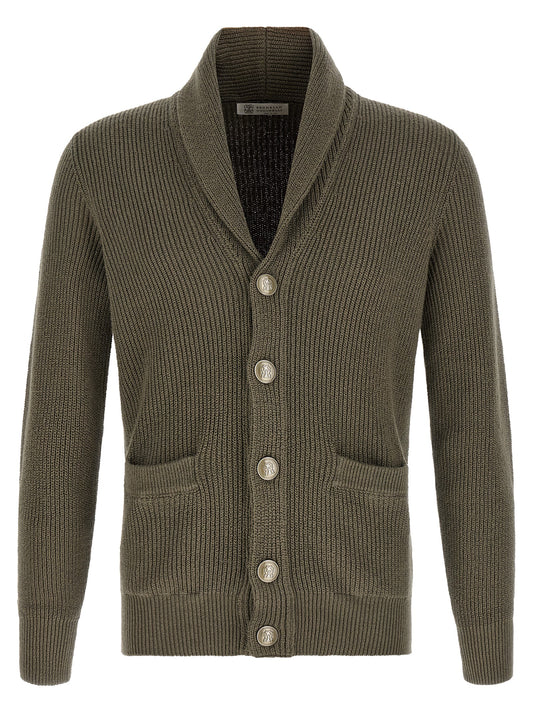 Cardigan by Brunello Cucinelli for men in cotton bicolour, green & olive features a dramatic silhouette, showcasing a sophisticated shawl-collar neckline and dramatic detail for a timeless, premium look.