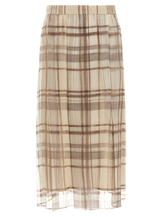 Skirt by Brunello Cucinelli for women in silk beige, transparent & patterned features a sublime silhouette, showcasing the sublime design of the Women's Pleated Silk Midi Skirt in a sophisticated midi.