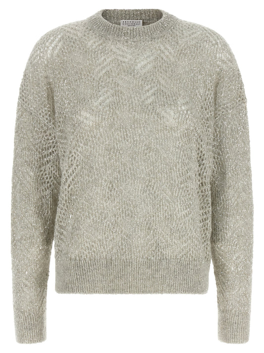 Cardigan by Brunello Cucinelli for women in mohair polyamide & sequins gray & floral features an crisp silhouette, showcasing a sophisticated crew neckline and long-sleeve detail for a truly crisp finish.