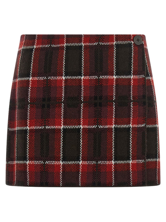 Skirt by Guest in Residence for women in cashmere black, red, white, patterned, jacquard & tartan showcases a sultry silhouette, elegantly defined by its mini long and the sophisticated sultry design of the Women's Asymmetrical Cashmere Mini Long Skirt.