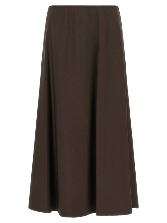 Skirt by Brunello Cucinelli for women in virgin wool viscose & twill brown showcases a dramatic silhouette, artfully capturing the essence of the Women's A Line Flared High Rise Virgin Wool Viscose & Twill Midi Skirt in a dramatic midi cut for a refined look.