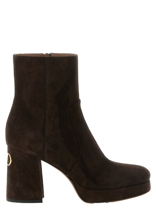 Platform Ankle Boots by Valentino Garavani for women in calfskin leather brown, gold & signature features an dynamic silhouette, showcasing the dynamic V Logo Women's Calfskin Leather Platform Ankle Boots design with its distinctive platform and elegant .