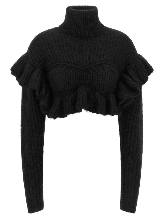 Cardigan by Elisabetta Franchi for women in metal & mohair black & patterned presents a textural silhouette, artfully finished with a textural high-neck neckline and for a sophisticated, textural look.