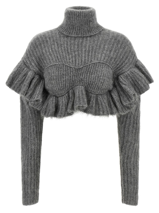 Cardigan by Elisabetta Franchi for women in metal & mohair gray features a dramatic silhouette, showcasing a sophisticated high-neck neckline and dramatic long-sleeve detail for a timeless, premium look.