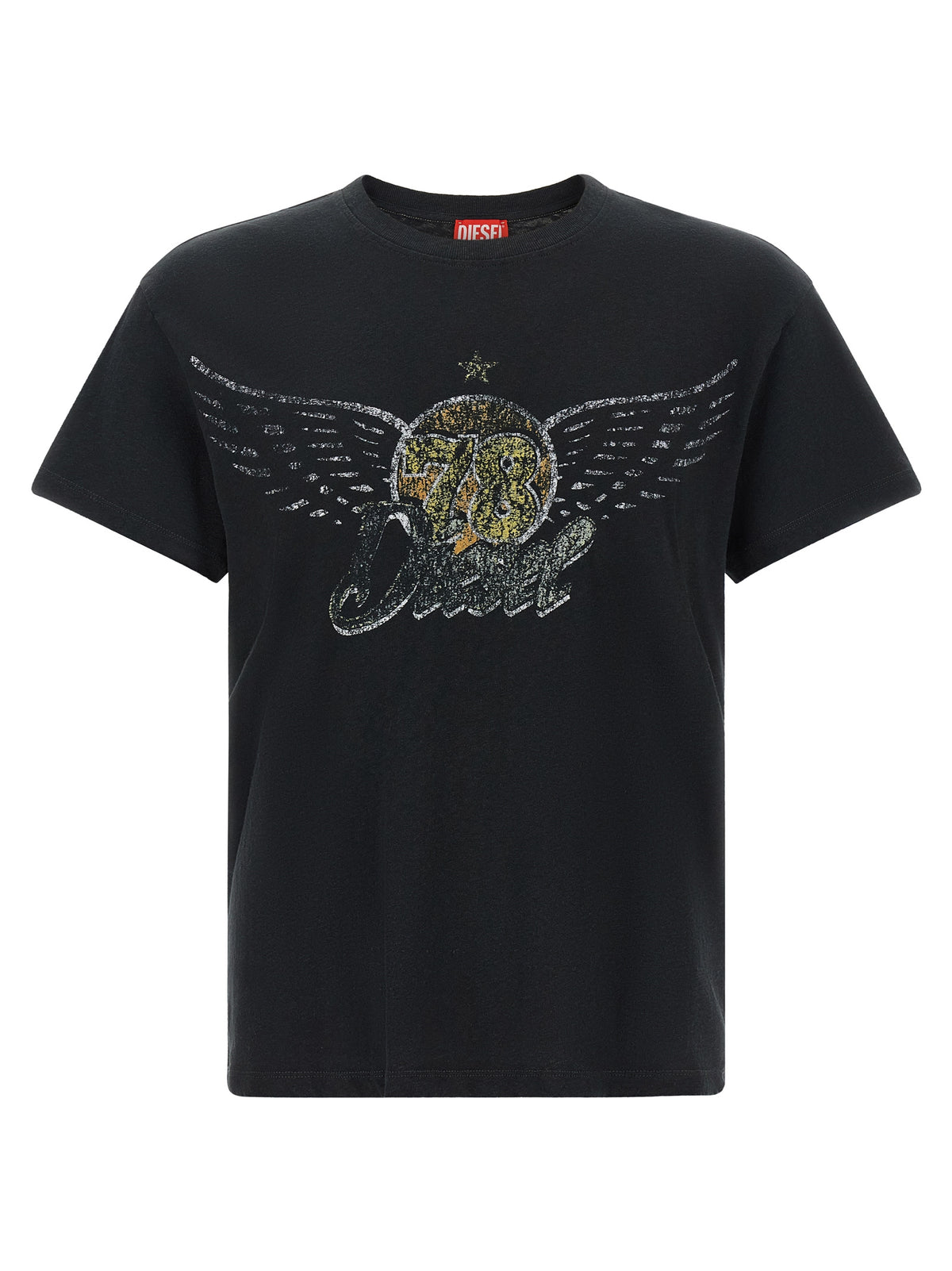 T-Shirt by Diesel for men in cotton & hemp black & print showcases a fashionable silhouette, elegantly detailed with a fashionable short-sleeve and crew neckline for a sophisticated, high-fashion look.