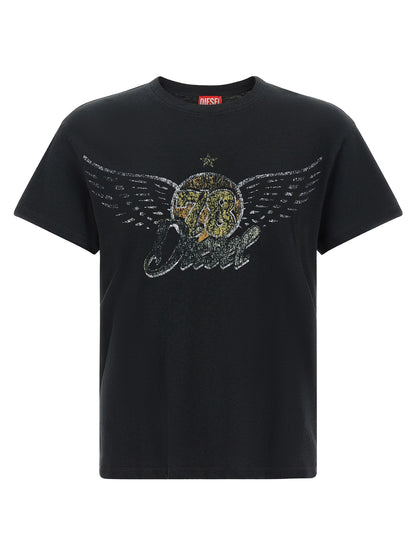 T-Shirt by Diesel for men in cotton & hemp black & print showcases a fashionable silhouette, elegantly detailed with a fashionable short-sleeve and crew neckline for a sophisticated, high-fashion look.