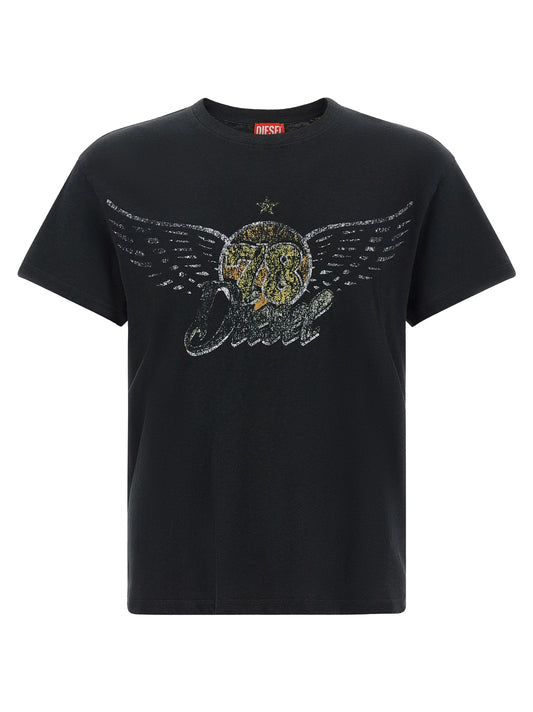 T-Shirt by Diesel for men in cotton & hemp black & print showcases a fashionable silhouette, elegantly detailed with a fashionable short-sleeve and crew neckline for a sophisticated, high-fashion look.