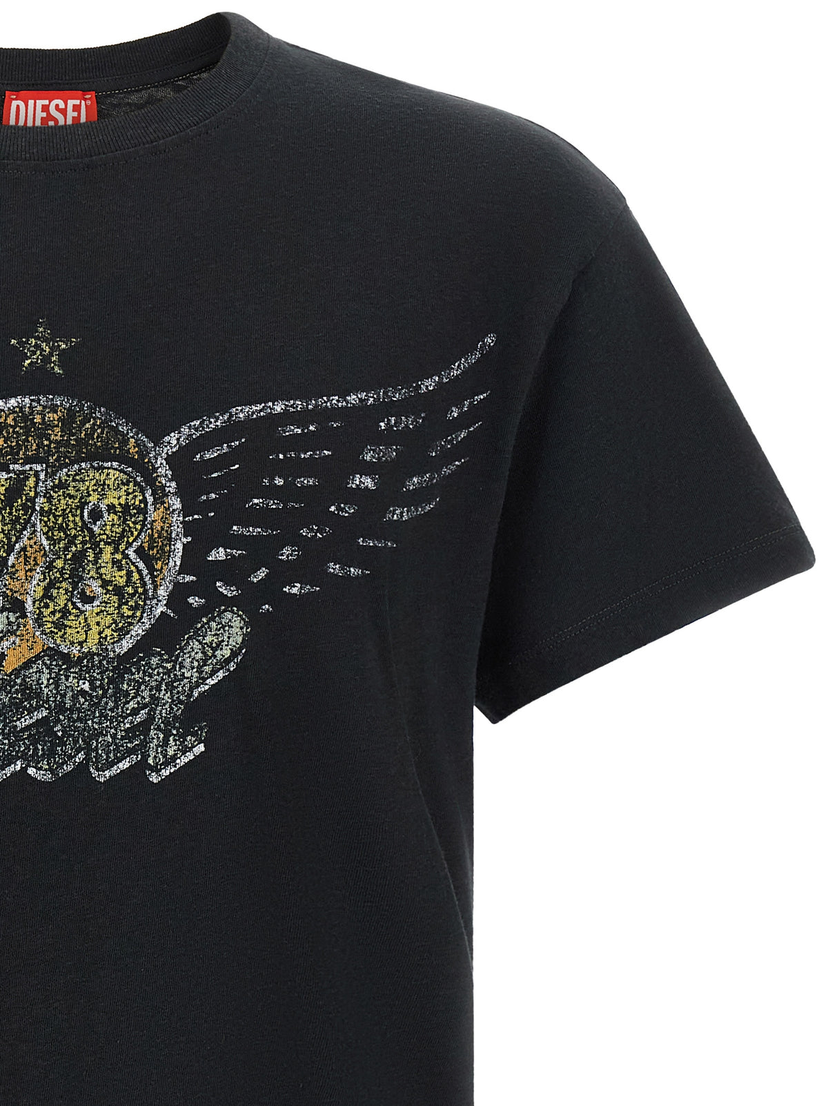 T-Shirt by Diesel for men in cotton & hemp black & print showcases a unassuming silhouette, artfully detailed with a refined crew neckline and unassuming for a sophisticated, contemporary look.
